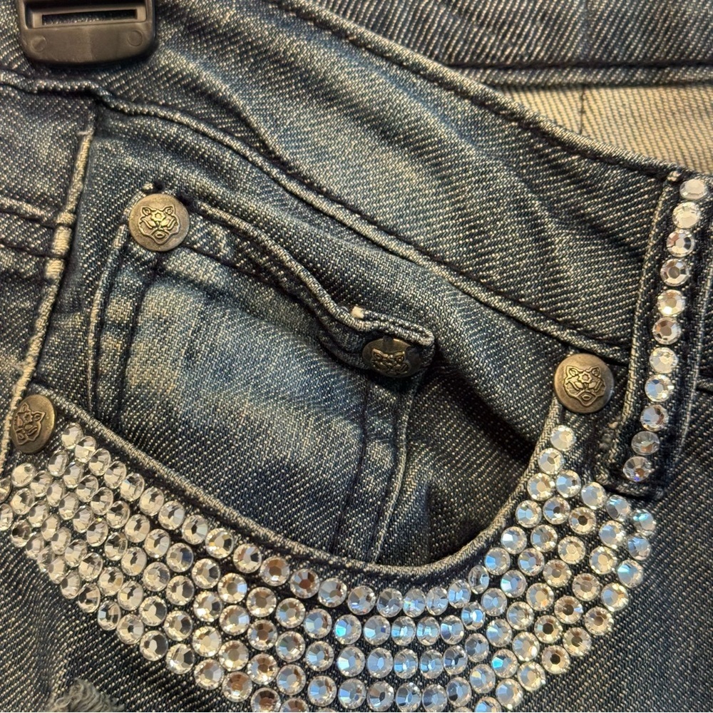 A7 Distressed Blue Jeans with Swarovski Crystals, Size 26 - Picture 4 of 12